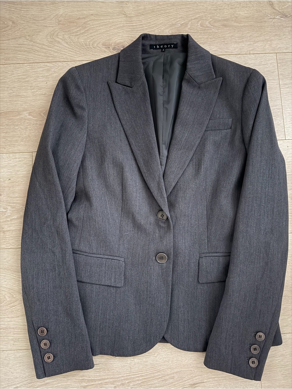 Theory Dark Gray Stretch Virgin Wool Single-Breasted Tailored Blazer Jacket – Si